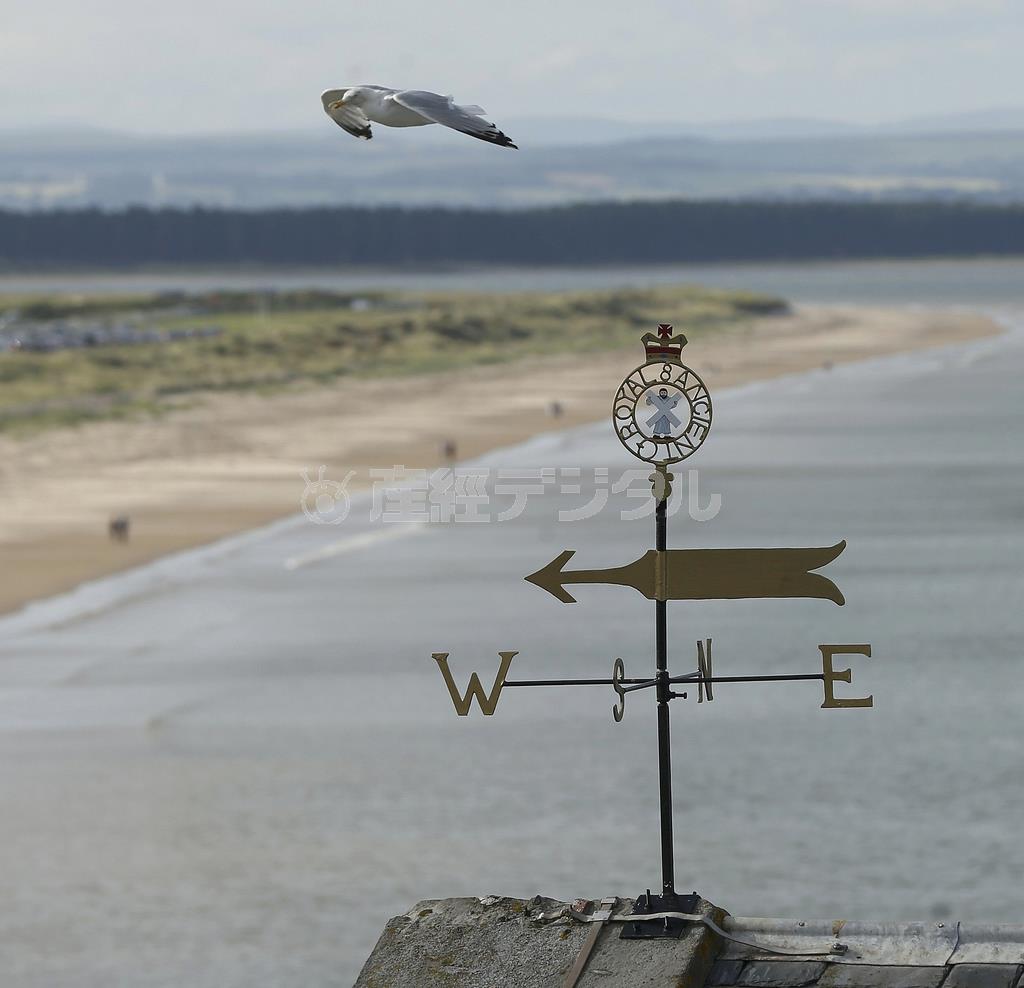 海からの強風はリンクスにつきものだが、それにしても。グリーン上のボールまで転がり競技は長く中断した＝２０１５年７月１８日、英スコットランド・セントアンドルーズ（ロイター）