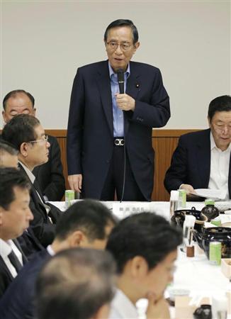 郵政事業に関する特命委員会の総会であいさつする自民党の細田博之幹事長代行＝６月２３日、東京・永田町の党本部