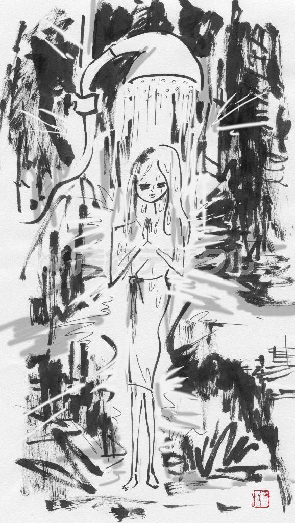 だまされた…高級シャワーで滝行（平松昭子さん提供）。ｈｔｔｐ：／／ｋｉｍｏｎｏｓｎａｃｋ．ｂｌｏｇｓｐｏｔ．ｃｏｍ