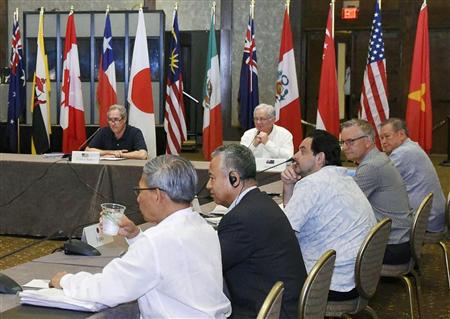 ＴＰＰ交渉の閣僚会合に臨む甘利明ＴＰＰ担当相（手前から２人目）ら＝２８日、米ハワイ州ラハイナ（共同）