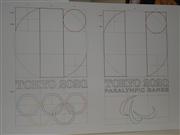 佐野氏が会見で示した五輪（左）とパラリンピックのエンブレムの設計図。同じ線画であることが分かる