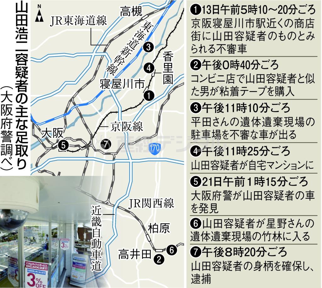 山田浩二容疑者の主な足取り（大阪府警調べ）＝２０１５年８月１３日～８月２１日