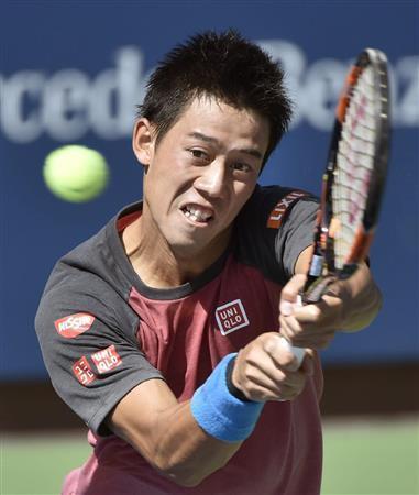 全米オープンテニスの会場で練習する錦織圭（にしこり・けい）＝２０１５年８月２７日、米ニューヨーク（共同）
