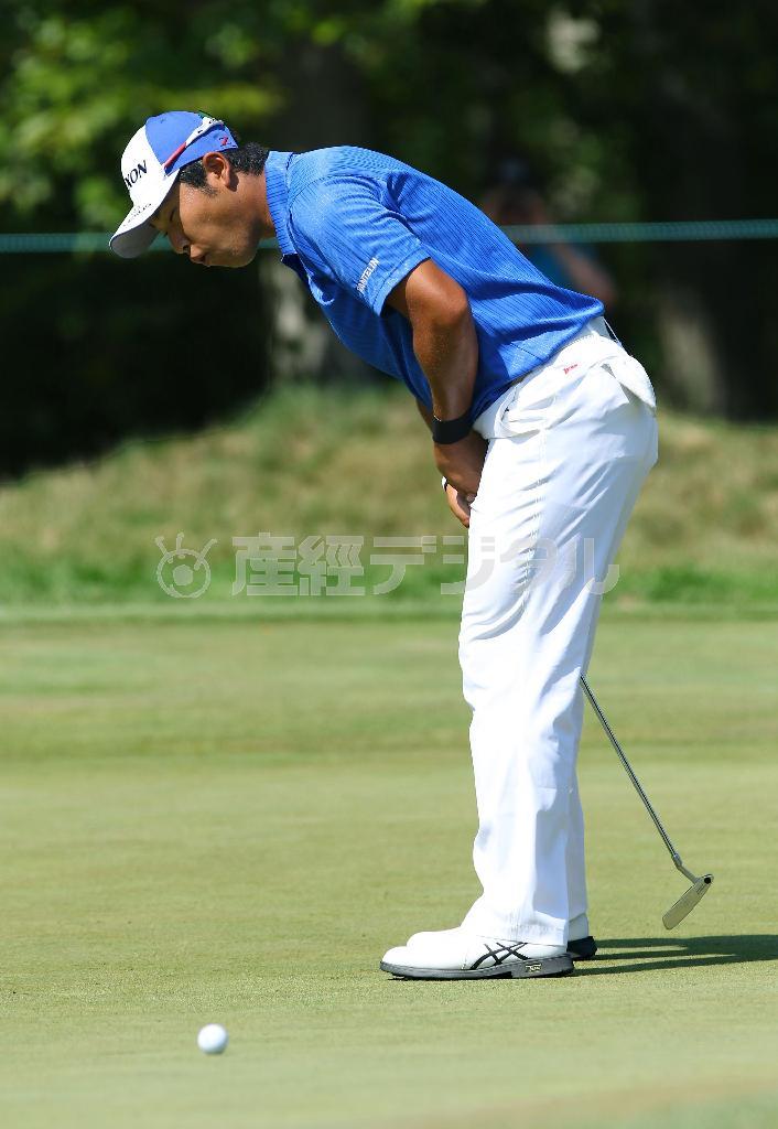 １番でバーディーパットを外した松山英樹＝２０１５年９月７日、米マサチューセッツ州ノートンのＴＰＣボストン（共同）