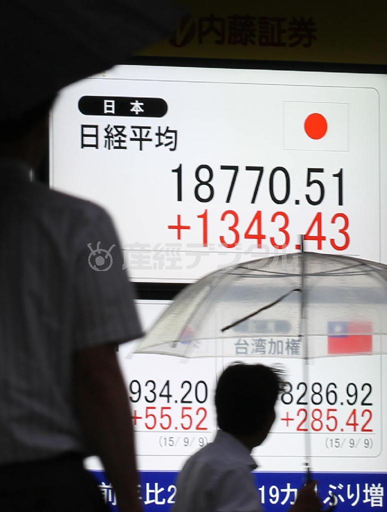 ９日の日経平均株価の終値は前日比１３４３円高、乱高下が続く＝２０１５年９月９日、東京都内（長尾みなみ撮影）