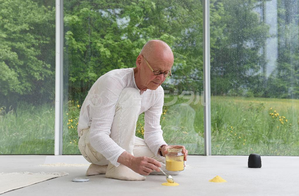 独ビベラッハの「パビリオン」と呼ぶ展示室で、「花粉の山」づくりに没頭するヴォルフガング・ライプ＝２０１５年５月１４日、ドイツ・バーデン＝ヴュルテンベルク州（大西正純撮影）