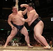 逸ノ城（いちのじょう、右）を押し出しで破った稀勢の里（きせのさと）。１敗を守った＝２０１５年９月１９日、東京都墨田区・両国国技館（大橋純人撮影）