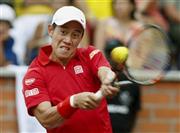 アレハンドロ・ファジャにストレート勝ちした錦織圭（にしこり・けい）＝２０１５年９月１８日、コロンビア・ペレイラ（ロイター＝共同）