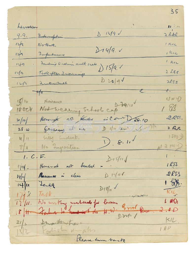 元ビートルズのジョン・レノン（１９４０～８０年）が学生時代に行った「非行」の記録（ザビーズ提供・共同）
