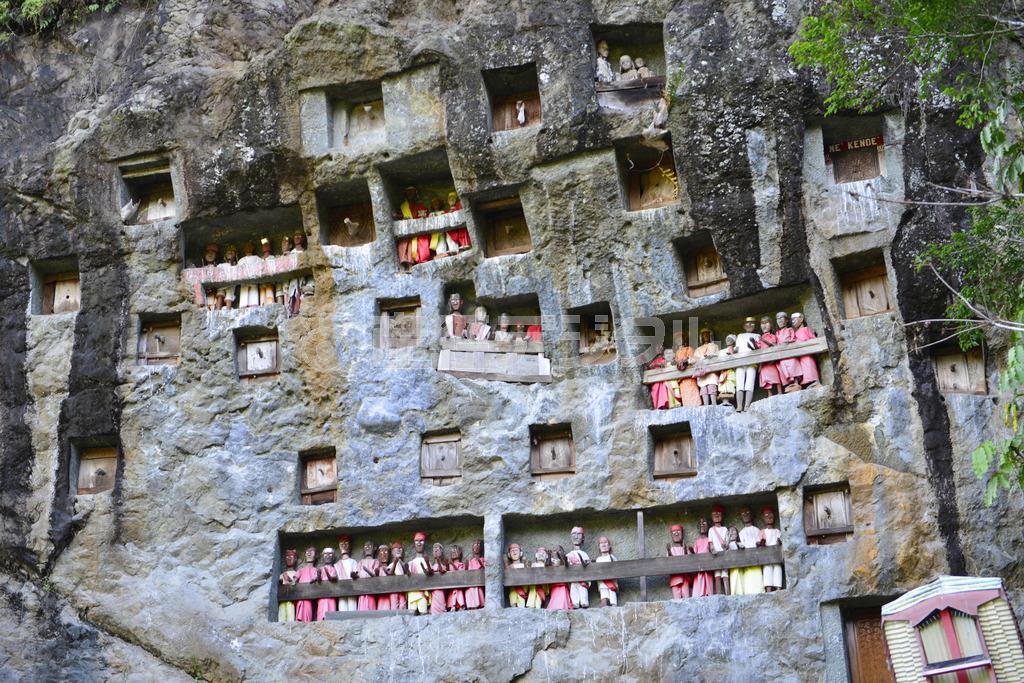 岩壁をくりぬいたスペースに遺体を納め、板で蓋をした共同墓地。供えられた人形はタウタウと呼ばれ、故人に似せて作られている＝２０１５年７月２３日、インドネシア・スラウェシ島（今井竜也さん撮影）