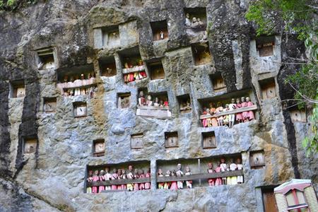 岩壁をくりぬいたスペースに遺体を納め、板で蓋をした共同墓地。供えられた人形はタウタウと呼ばれ、故人に似せて作られている＝２０１５年７月２３日、インドネシア・スラウェシ島（今井竜也さん撮影）