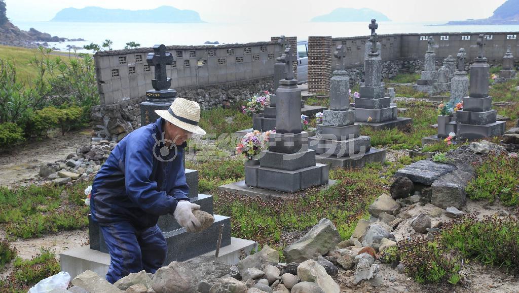 海に面したキリシタン墓地を整備する頭ケ島天主堂の松井義喜代表＝２０１５年７月２０日、長崎県南松浦郡新上五島町（鈴木健児撮影）