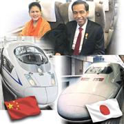 新幹線に試乗するインドネシアのジョコ大統領夫妻（上）と、中国の高速鉄道「和諧号」（左下）と日本の新幹線