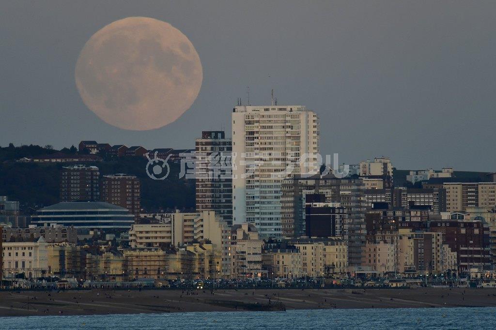 住宅群の上に昇った巨大なスーパームーン。撮影したロイターのカメラマン、トビー・メルヴィル氏によると、当初は海岸に昇る血のような満月を狙っていたという。しかし、英労働党の会議の取材のために訪れたブライトンで、巨大な住宅群を目の当たりにして撮影のロケーションを替えた。月は５００ミリレンズにテレコンバーターを装着して撮影したという＝２０１５年９月２７日、英イースト・サセックス州ブライトン（ロイター）