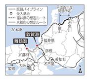 液化天然ガス（ＬＮＧ）パイプラインのルート選定をめぐり、京都府と福井県がそれぞれ想定しているルート。受け入れ基地の設置は経済効果に結びつくだけに、両県の「綱引き」は激しさを増してきた