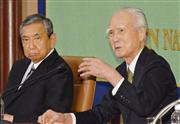 日本記者クラブで会見した村山富市氏（右）と河野洋平氏＝６月９日午後、東京・内幸町の日本記者クラブ