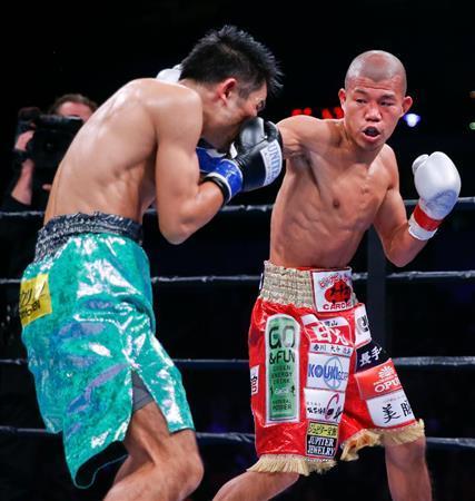 河野（こうの）公平（右）の右ボディーを浴びる亀田興毅（こうき）＝２０１５年１０月１６日、米イリノイ州シカゴ（ＡＰ）