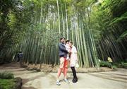 竹が高く伸びている様子を撮りたい少し下からセッティングしてセルフタイマーで撮影しました＝２０１５年４月２９日（須藤夕子さん撮影）