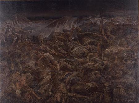 《アッツ島玉砕》１９４３年＿東京国立近代美術館（無期限貸与）。油彩・キャンバス１９３．５×２５９．５ｃｍ（提供写真）。（Ｃ）Ｆｏｎｄａｔｉｏｎ＿Ｆｏｕｊｉｔａ／ＡＤＡＧＰ，Ｐａｒｉｓ＿＆＿ＪＡＳＰＡＲ，Ｔｏｋｙｏ，２０１５＿Ｇ０１９０