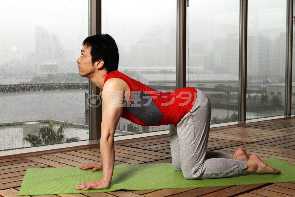 ネコのポーズ（１）。四つんばいの状態から深く息を吸い入れ、視線を天井に向けながら顎とお尻を持ち上げ腰を反らす＝２０１５年９月１７日、神奈川県横浜市神奈川区のインスパ横浜（田中幸美撮影）