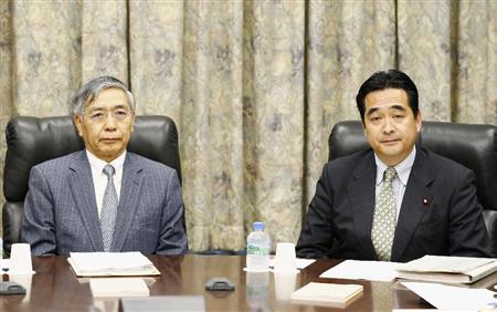 金融政策決定会合に臨む日銀の黒田総裁。右は坂井学財務副大臣＝３０日午前、日銀本店