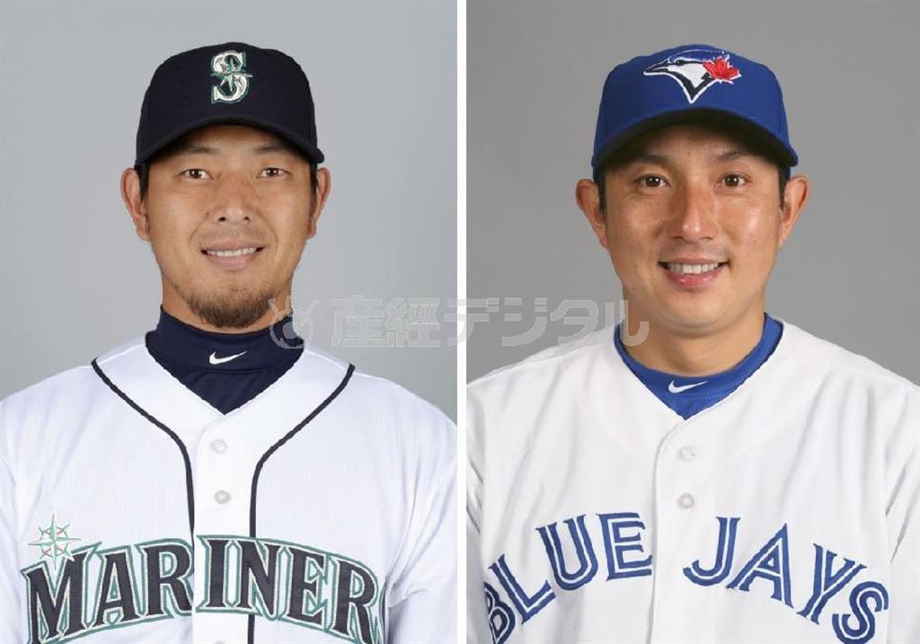 マリナーズの岩隈（いわくま）久志（左）、ブルージェイズの川崎宗則（むねのり、共同）