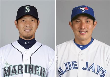 マリナーズの岩隈（いわくま）久志（左）、ブルージェイズの川崎宗則（むねのり、共同）