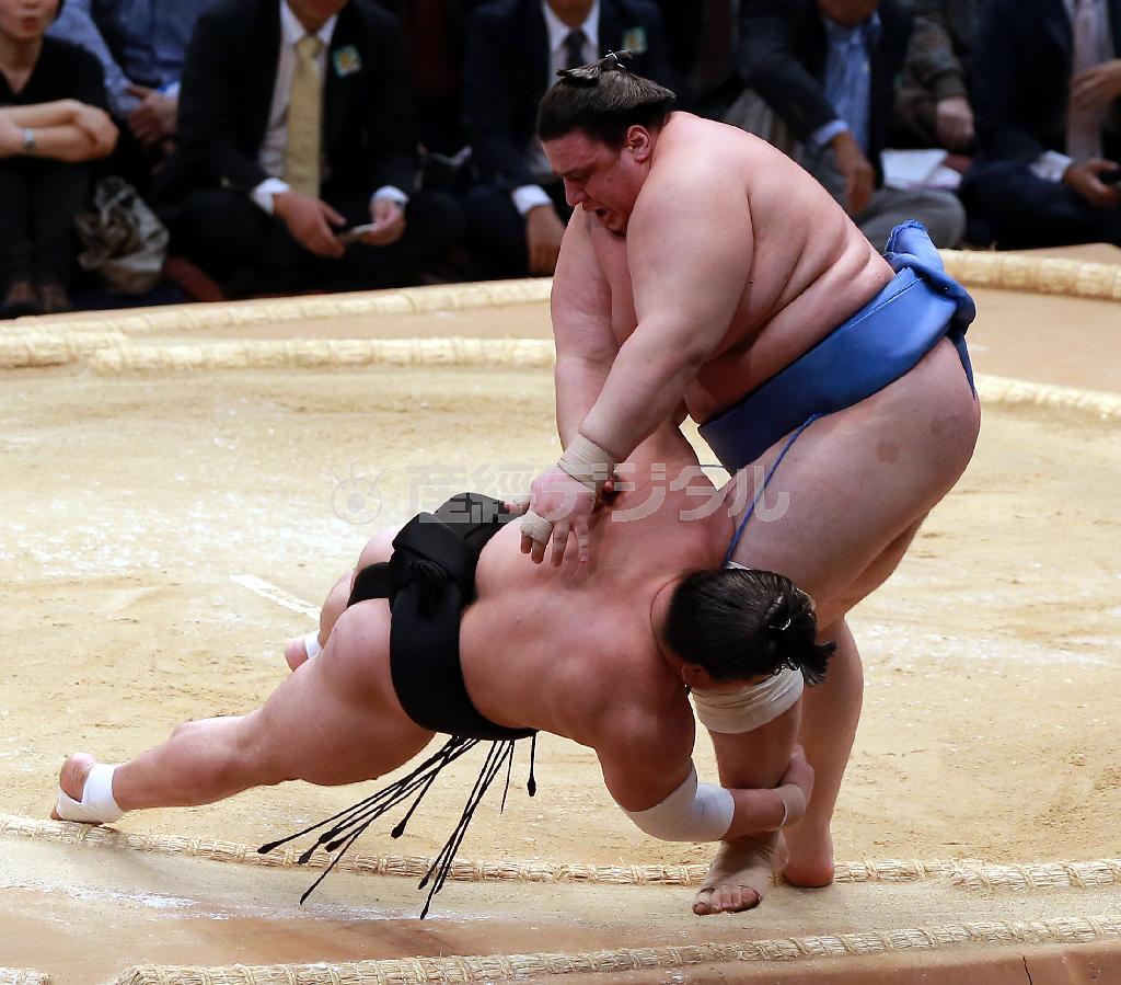 碧山（右）をすそ取りで下す日馬富士（はるまふじ）＝２０１５年１１月１０日、福岡県福岡市博多区の福岡国際センター（中川春佳撮影）