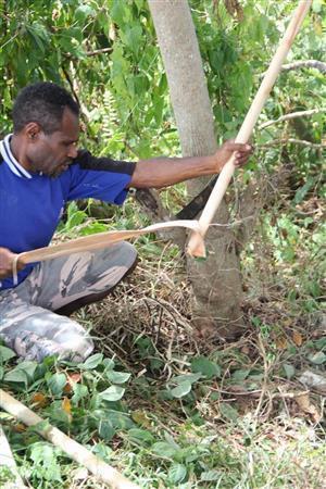（２）焦げた部分をそぎ落とした後、皮を？きます。これがタッパーの原料です＝２０１５年１０月７日、バヌアツ（相川梨絵さん提供）