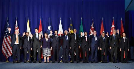 ＡＰＥＣ首脳会議に先立ち、記念撮影に応じるＴＰＰ参加国の首脳（ＡＰ）