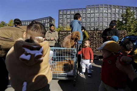 ペットと行動する家族連れ。中国ではペットを飼う家庭が急速に増える中、飼い主のモラル欠如も問題視され始めているという＝１０月、中国・北京（ロイター）