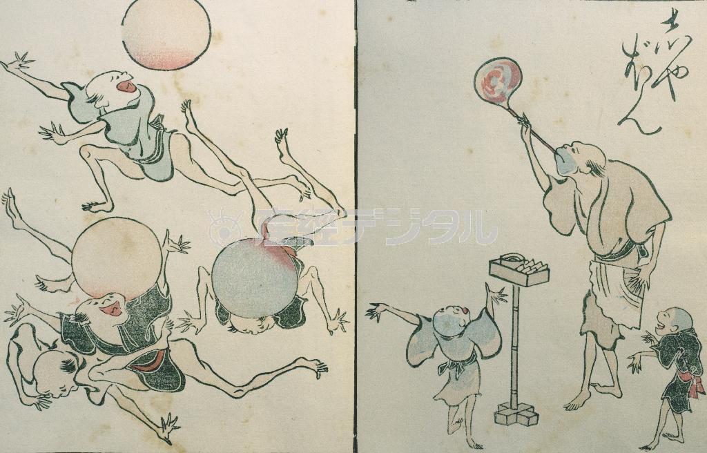 「鳥羽絵欠び留」（竹原春潮斎）。「手足が長く、眼は黒丸か『一』文字式に簡略され、描線もきわめて簡潔でリズム感を持っている」と鳥羽絵スタイルについて清水勲さんは語る（提供写真）