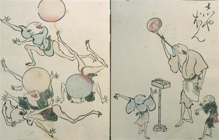 「鳥羽絵欠び留」（竹原春潮斎）。「手足が長く、眼は黒丸か『一』文字式に簡略され、描線もきわめて簡潔でリズム感を持っている」と鳥羽絵スタイルについて清水勲さんは語る（提供写真）