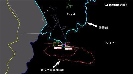 トルコ・シリア国境で撃墜されたロシア軍機の航跡を示すレーダー図＝２０１５年１１月２４日（トルコ内務省提供・ロイター＝共同）