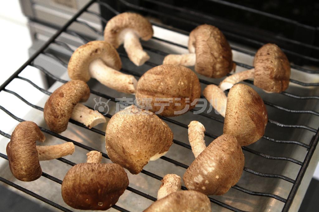 焼きシイタケのみぞれあえ（作り方１）＿＿シイタケはグりルで焼く。
