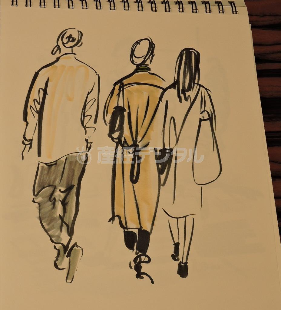 ジャスティン・テオドロさんが東京に来て描いたイラスト。街行く人の後ろ姿＝２０１５年１１月１２日（藤沢志穂子撮影）