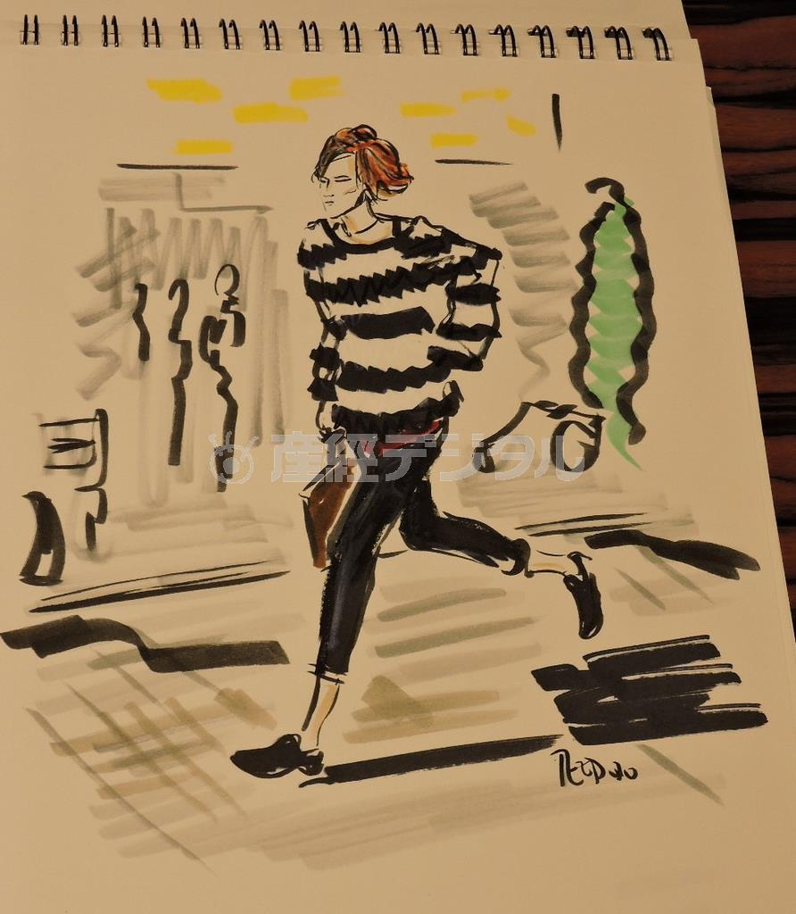 ジャスティン・テオドロさんが東京に来て描いたイラスト。街行く女性のファッションにインスパイアされた＝２０１５年１１月１２日、東京都新宿区（藤沢志穂子撮影）