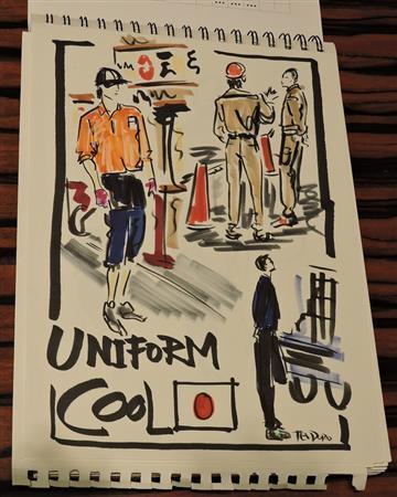 ジャスティン・テオドロさんが東京に来て描いたイラスト。東京の街角を描いている＝２０１５年１１月１２日（藤沢志穂子撮影）