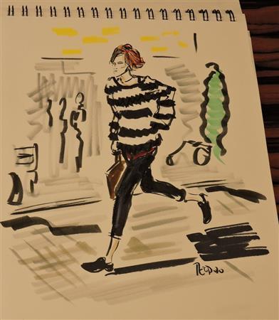 ジャスティン・テオドロさんが東京に来て描いたイラスト。街行く女性のファッションにインスパイアされた＝２０１５年１１月１２日、東京都新宿区（藤沢志穂子撮影）