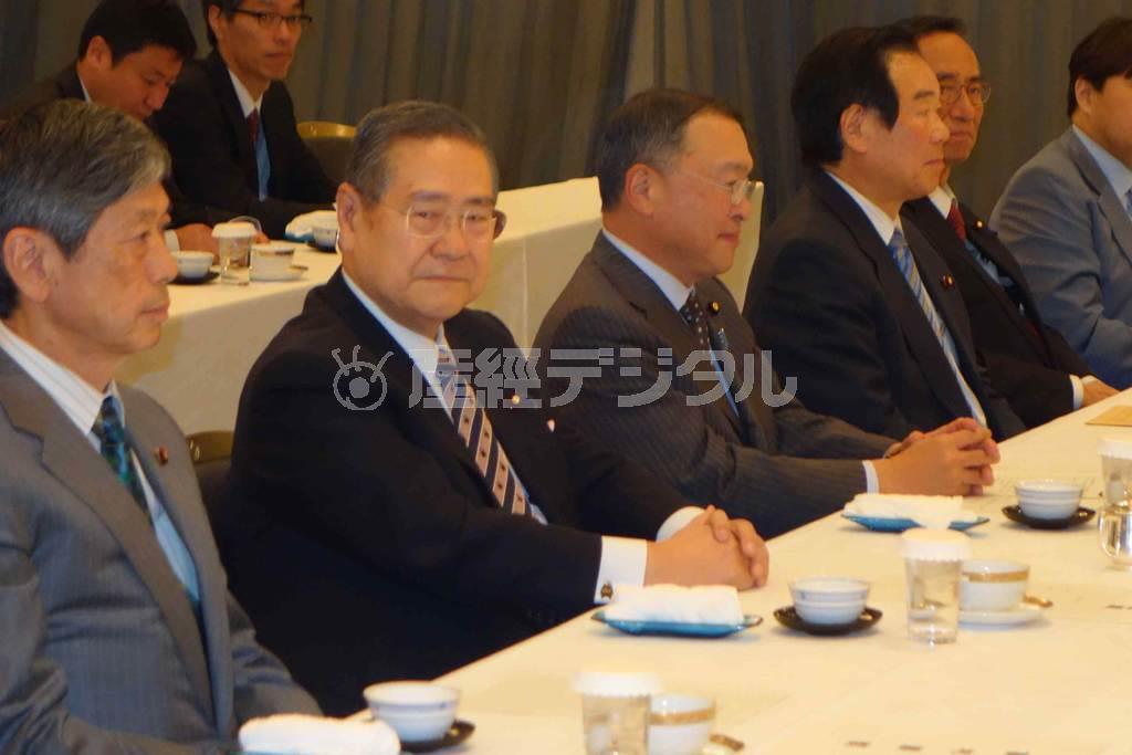 与党税制協議会に臨む（手前左から）自民党の高村（こうむら）正彦副総裁、野田毅（たけし）税制調査会最高顧問、宮沢洋一同調査会長ら＝２０１５年１２月８日午後、東京都千代田区（代表撮影）