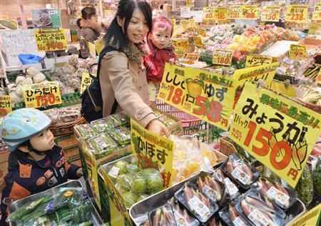 生鮮品売り場で買い物をする親子連れ。消費税の税率が２つ併存することになり、消費者からは「分かりづらい」「食品だけでは負担は軽くならない」といった声が漏れている＝２０１５年１２月１０日夕、東京都練馬区（共同）