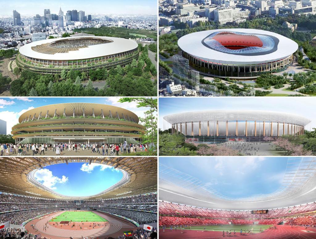２０２０年東京五輪・パラリンピックのメーンスタジアムとなる新国立競技場の新たな建設計画で、公表されたＡ案（左側３枚）とＢ案のイメージ図（技術提案書よりＪＳＣ提供）