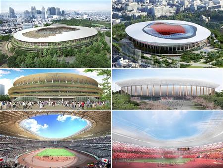 ２０２０年東京五輪・パラリンピックのメーンスタジアムとなる新国立競技場の新たな建設計画で、公表されたＡ案（左側３枚）とＢ案のイメージ図（技術提案書よりＪＳＣ提供）