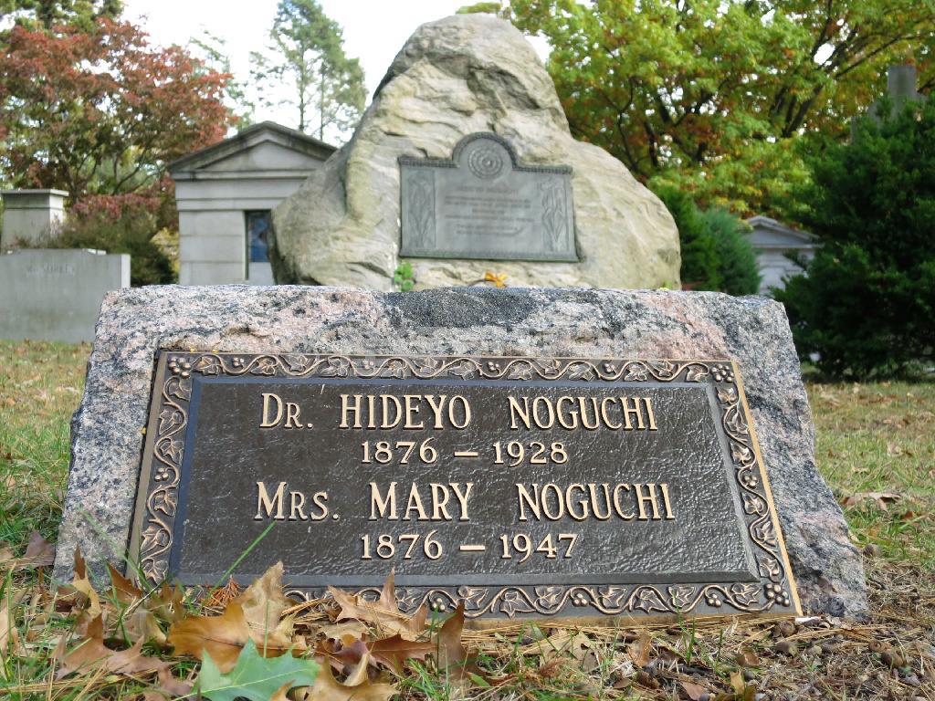 米ニューヨークのウッドローン墓地にある野口英世（１８７６～１９２８年）と妻メリーの墓＝２０１５年１０月（共同）