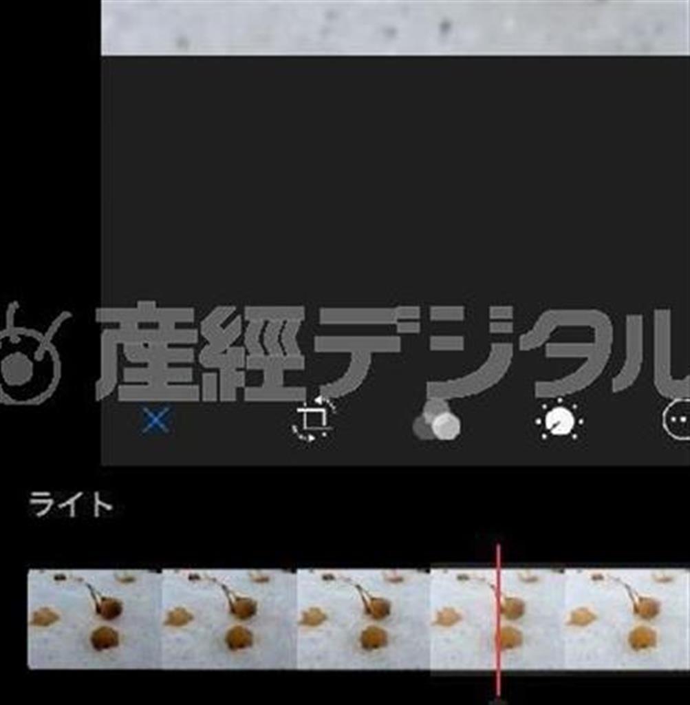 【手順２】「編集」をクリックするとタイマーのようなアイコンが出てきます。さらにそれをクリックすると「ライト」というアイコンが出てきます（野口隆史さん撮影）