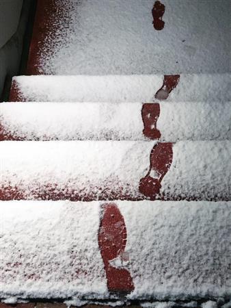 さりげない足跡も、雪のおかげで物語性を発揮する＝２０１５年１２月４日（野口隆史さん撮影）