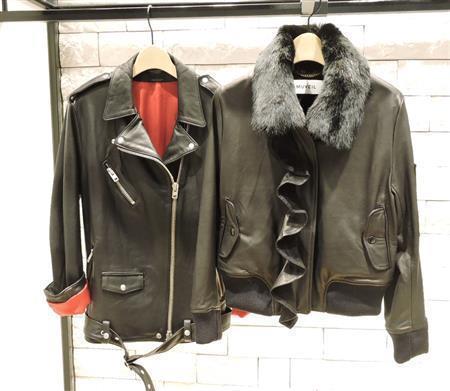 左からレザーブランド「Ｓｉｓｉｉ」とＳＴＹＬＥ＆ＥＤＩＴがコラボしたライダーズレザージャケット（１１万円）と、Ｓｉｓｉｉ×ＭＵＶＥＩＬがコラボしたファー付きフリルレザー（１３万円）＝２０１５年１０月１３日、東京都渋谷区（藤沢志穂子撮影）