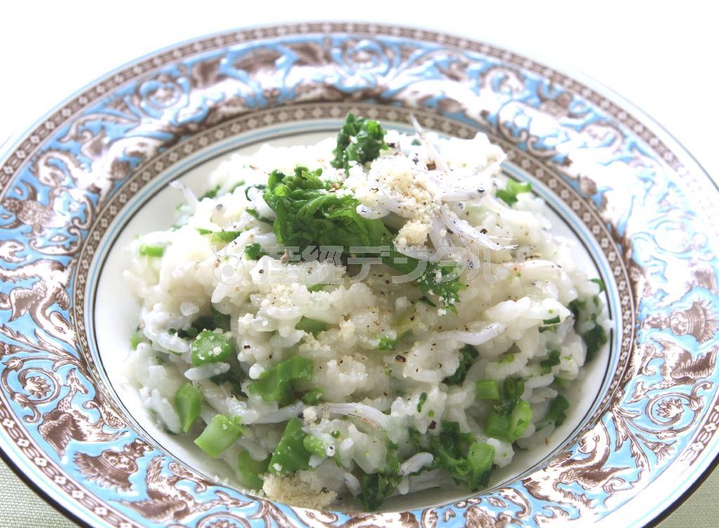 菜の花としらすのリゾット。※２５８ｋｃａｌ、塩分２．１グラム（１人分）
