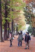 関係者といっしょに、会場の候補地の一つ「別所沼公園」を視察する大友良英さん（中央）＝２０１５年１１月２６日（忽那光一郎さん撮影、さいたまトリエンナーレ２０１６提供）