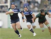 東福岡－東海大仰星（ぎょうせい）は前半６分、東海大仰星・河野大地（左）が相手の捕り損ねた球を奪って逆転のトライ＝２０１６年１月７日、大阪府東大阪市の花園ラグビー場（共同）